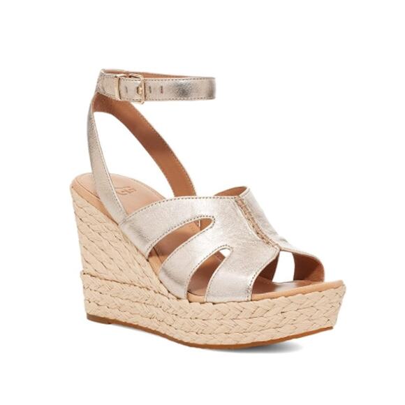 NIB UGG Women Careena Ankle-Strap Espadrille Platform Wedge Sandals Size 11 Gold - Picture 1 of 6